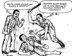 Diabolisation des hutus par le journal pro-FPR, Kanguka: Le type en train d'être tabassé est supposé être un Inkotanyi du FPR. Alors que l'homme à la cravate dit : "Casses lui la tête c'est un Inkotanyi", l'autre répond :"Cet homme je le connais, c'est un voisin, ce n'est pas un Inkotanyi" (Kanguka n° 57 du 27/04/1992).